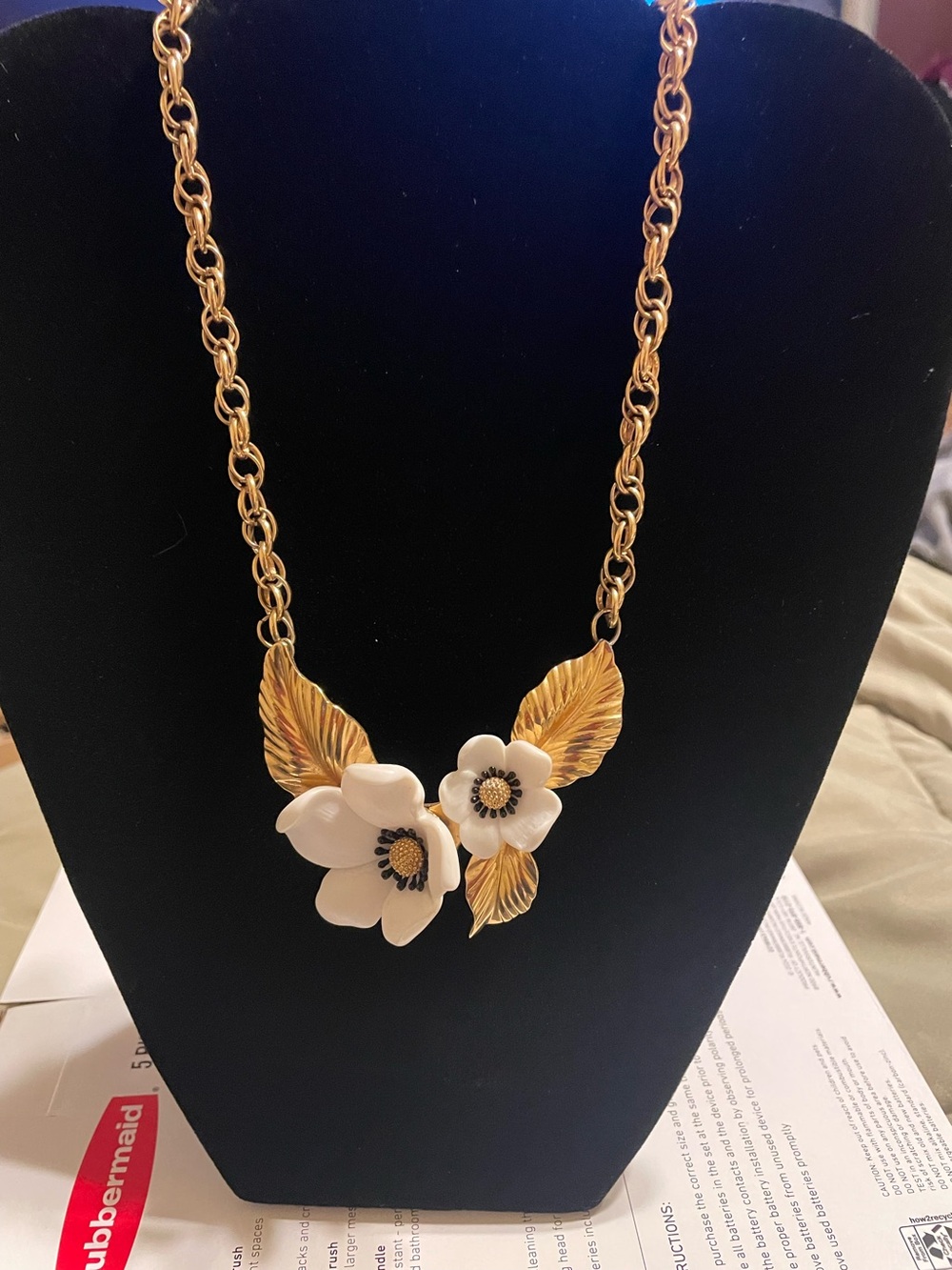 Louis Feraud Gold and White Floral Leaf Necklace